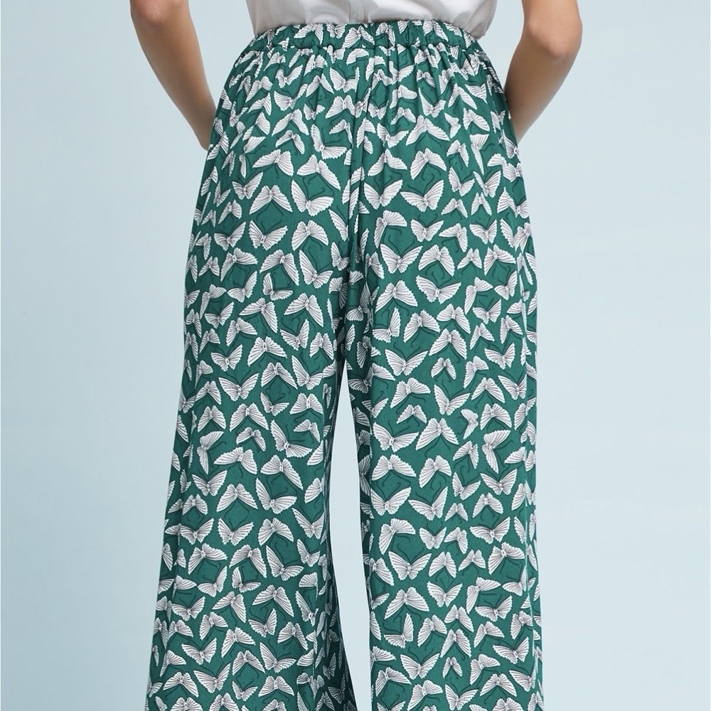 Anthropologie Maeve Acker Wide Leg Pants Womens M Green Butterfly Boho Palazzo